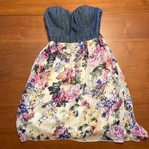 Rue 21 Strapless Mini Dress, Size Small, Denim, Floral